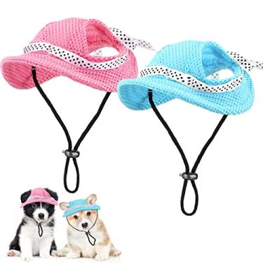 Imagem de 2 peças de aba redonda estilo princesa chapéu de proteção solar para animais de estimação, chapéu de beisebol poroso para cães com orifícios para orelhas para cães pequenos ou extrapequenos, Pug Chihuahua Shih Tzu Yorkshire Terriers, 2 cores