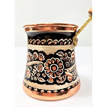 Imagem de 177 g feito à mão espesso 2 mm estampado cobre martelado turco grego arménio arménio café fogão topo máquina Cezve Ibrik Briki com alça de madeira com latão para 2 xícaras pequeno – H2,5xD3in