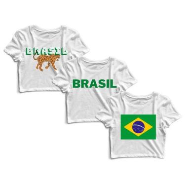 Imagem de Kit 3 Blusas Cropped Blusinha Camiseta Feminina Brasil Bandeira Copa -