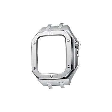 Imagem de KANUZ Kit de Modificação Pulseira de Metal para Apple Watch Série 8 45mm Série 7 45mm Correa Pulseira iWatch 44mm Pulseira de Borracha Fecho de Pulseira (Cor: Capa Prata 45 Série 8)