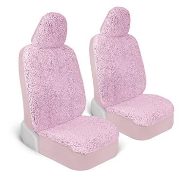 Imagem de Carbella Capas de assento de carro de lã de pelúcia, pacote com 2 capas de banco rosa para carros com toque acolchoado macio, protetor interior automotivo fofo para caminhões Van SUV