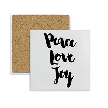 Imagem de Caneca porta-copos com citação Peace Love Joy feita à mão com suporte quadrado e pedra absorvente, 2 peças