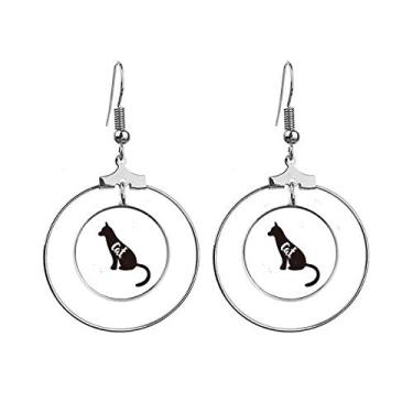 Imagem de Brincos de gato preto e branco com argola pendurada, joia circular