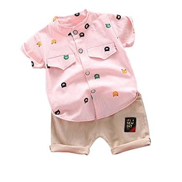 Imagem de Mercatoo Roupas de algodão e linho para meninos de manga curta com estampa de urso, conjunto de camisetas e shorts, #02: rosa, 6-12 Meses