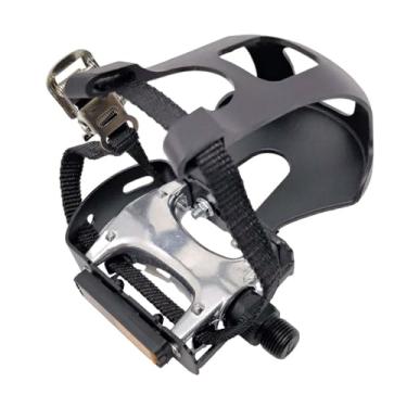 Imagem de kowaku Pedais de bicicleta com clipes de dedo e tiras pedais de bicicleta 14 mm eixo 9/16" rosca para equitação interna fitness casa academia reparo de peças, esquerda