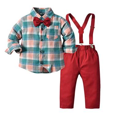 Imagem de Camiseta de manga comprida com estampa xadrez para meninos e crianças, roupas de cavalheiro para bebês, Azul, 4-5 Anos