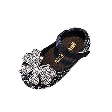 Imagem de Sapatos de princesa para bebês meninas Mary Jane sapatos sociais brilhantes borboleta balé sapatos rasos para festa casamento escola, Preto, 2.5 Big Kid