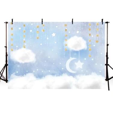 Imagem de Mehofoto — Adereços de fundo de estúdio fotográfico nuvem azul e branco Príncipe aniversário menino chá de bebê decorações de festa de pendurar estrelas douradas cintilantes faixa de fundo de fotografia 2,4 x 1,8 m