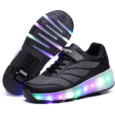 Imagem de Sapatos infantis de rolo tênis com luz LED 7 cores mudando sapatos de fitness LED tênis de roda única esportes ao ar livre rodas retráteis sapatos piscantes, preto, 12 Reino Unido / 31EU