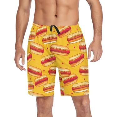 Imagem de Shorts de pijama masculinos, calças de pijama inovadoras com bolsos e cordão, Cachorro-quente em amarelo - 1, P