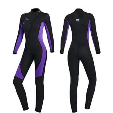 Imagem de Roupa de mergulho de neoprene de corpo inteiro de 3 mm em água fria, mangas compridas com zíper frontal, maiô térmico para surfe, snorkeling, natação (GG, 3 mm feminino roxo)