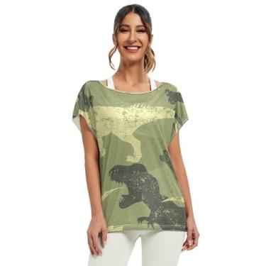 Imagem de Capa de manga curta feminina verde camuflagem dinossauro, plus size, camisetas de manga curta, camisetas casuais, Camuflagem de dinossauro verde, P