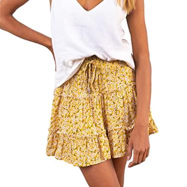 Imagem de UIFLQXX Saia floral feminina de cintura alta com estampa peplum saia evasê saia jeans para mulheres, Amarelo, GG