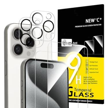 Imagem de NEW'C Pacote com 4, 2 protetores de tela para iPhone 15 Pro [6,1 polegadas] + 2 protetores de lente de câmera, proteção de sensor, película de vidro temperado compatível com capas