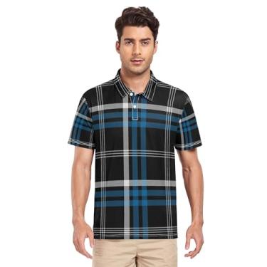 Imagem de JUNZAN Camisa polo masculina xadrez azul preta creme de Natal golfe manga curta camisa polo golfe para homens universidade P, Xadrez de Natal azul e preto, XXG
