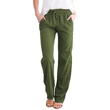 Imagem de Elogoog Calça feminina casual solta de perna larga, calça social moderna de cintura alta, calça casual de outono com bolso, 6a1-verde, M