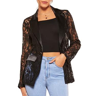 Imagem de WDIRARA Blazer feminino elegante de malha de renda floral com um botão e gola lapela e manga comprida, Preto, 5X-Large Plus