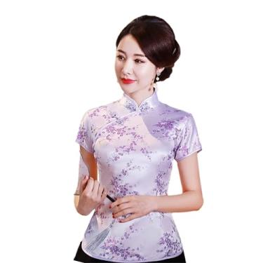 Imagem de Blusa feminina chinesa tradicional de cetim para verão, Flor roxa clara, G