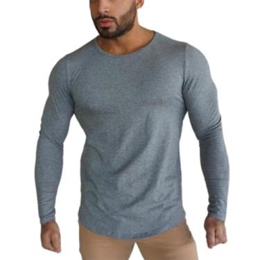 Imagem de Camiseta masculina de algodão puro longa respirável esportes outono e inverno tendência da moda slim fit mangas compridas, Cinza escuro, GG