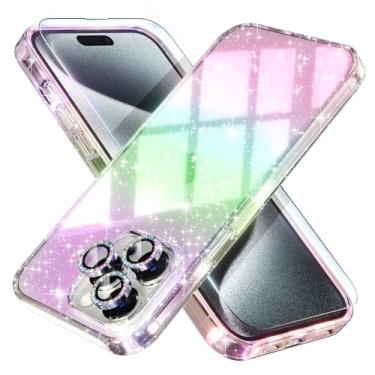 Imagem de Choiche Capa feminina compatível com iPhone 15 Pro, capa brilhante brilhante brilhante com glitter, [3 protetores de lente de câmera de diamante] [2 protetores de tela de vidro temperado] 6,1 polegadas (glitter colorido)