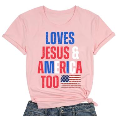 Imagem de Camiseta feminina patriótica da bandeira americana Loves Jesus and America Too 4 de julho bandeira dos EUA listras camisetas tops, rosa, GG
