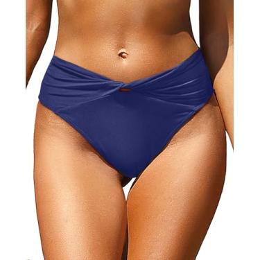 Imagem de Zmart Biquíni feminino frente torcida cintura alta crossover com corte em V franzido, Azul marinho, P