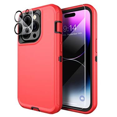 Imagem de MXX Capa resistente para iPhone 14 Pro, com protetor de tela de vidro temperado, protetor de lente de câmera 3 camadas de proteção de corpo inteiro à prova de choque e poeira, para iPhone14 Pro 6,1 polegadas 2022 (vermelho/preto)