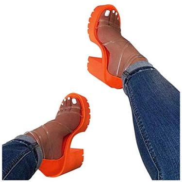 Imagem de Aniywn Sandália feminina plataforma de pele sintética, salto grosso, bico aberto, tira no tornozelo, salto alto, sapatos de festa, Z laranja, 37