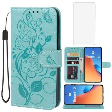 Imagem de Vavies Capa para Redmi 12, Capa carteira Redmi Note 12R/Poco M6 Pro/Redmi 12R com protetor de tela de vidro temperado, flor de couro flip porta-cartão de crédito com suporte para Xiaomi Redmi 12 verde