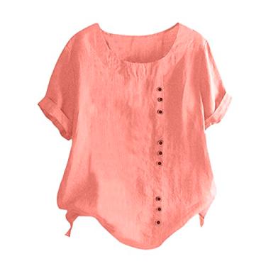 Imagem de Lainuyoah Blusas femininas de verão 2024 plus size para treino 2024, blusas modernas de linho com gola redonda e botões, C - rosa, XXG
