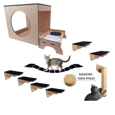 Imagem de Playground Para Gatos 10 Pçs Em MDF 6mm Com Comedouro e Arranhador De Parede