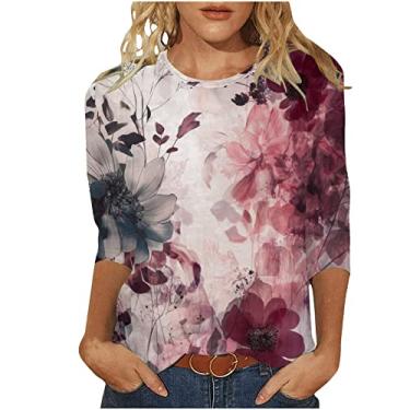Imagem de Camiseta feminina casual de verão 2024 com manga 3/4, gola redonda, estampa floral, caimento solto, outono, Rosa choque, XXG