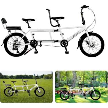 Imagem de Bicicleta tandem para ciclismo, bicicleta clássica tandem adulto beach cruiser, rodas de 20 polegadas bicicleta dobrável cidade tandem, três lugares, ajustável de 7 velocidades, carga máxima