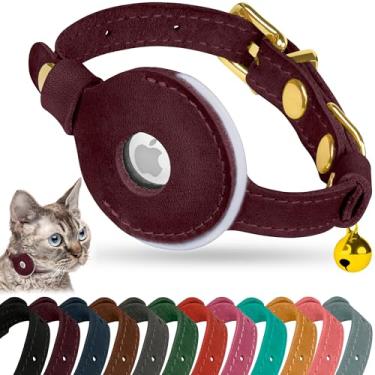 Imagem de OOPSDOGGY Coleira AirTag de couro refletivo para gatos com sino - Coleira ajustável para animais de estimação com suporte para Apple Air Tag - Coleiras leves com GPS para filhotes de cachorro pequenos