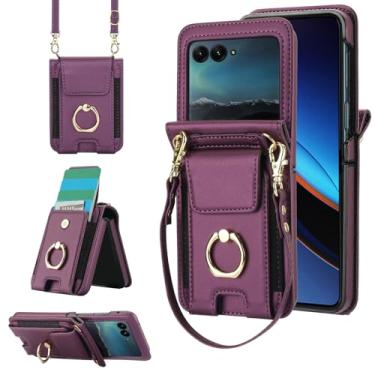 Imagem de Asuwish Capa de telefone para Moto Razr 50/Moto Razr 2024 capa carteira com anel e alça de pulso transversal cordão suporte para cartão de crédito suporte bolsa de couro celular INE-LX1 mulheres