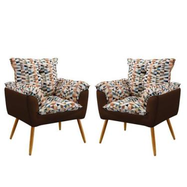 Imagem de Kit 2 Poltronas Almofadadas Beta Sued Estampado Laranja com Marrom Ara