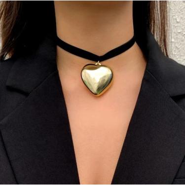 Imagem de Colar Choker Veludo com Pingente Coração Grande Liso Dourado Prata Fol