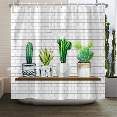 Imagem de Cortina de chuveiro estampada com cacto de planta verde estilo Simplicity Cortinas de chuveiro de banheiro Cortinas de banho laváveis com ganchos, 5012M, L210xA180cm
