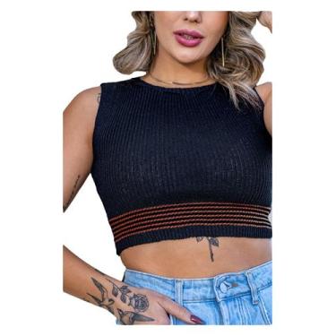Imagem de Cropped Listras Finas Blusa Regata Tricot Feminina - EUC STORE, Preto,