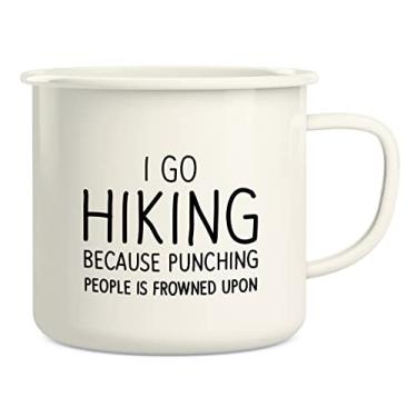 Imagem de Retreez Caneca de café I Go Hiking Cause Punching People is Frowned Upon Outdoor de aço inoxidável esmaltada de 473 ml - Presente de aniversário inspirador de sarcasmo engraçado para ele, sua amiga