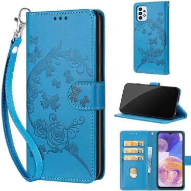 Imagem de Capa carteira projetada para Samsung Galaxy A23 5G, capa flip feminina com suporte de couro PU em relevo, compartimentos para cartões de crédito, alça de pulso, capa para celular para Samsung A23