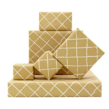Imagem de Papel de embrulho Kraft marrom reciclável, 1 rolo de 43 cm x 25 cm por rolo com padrão xadrez irregular, papel reciclado Kraft impresso branco 3D para feriados, casamentos, aniversário, solstício de