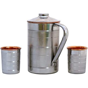 Imagem de AncientImpex Jarra de água de aço inoxidável e cobre puro com copos combinando | Jarra de aço e cobre para beber água ayurvédica (140 ml), prata