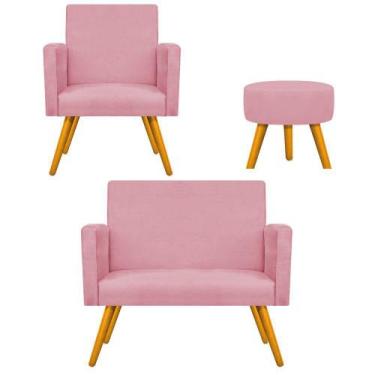 Imagem de Kit Namoradeira, Poltrona Beatriz e Puff Sofia Palito Mel Suede Rosa B