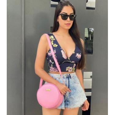 Imagem de Bolsa feminina de couro rosa redonda transversal - Comcharme