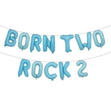 Imagem de Born Two Rock 2 Birthday Decorations Rock and Roll 2nd Birthday Party Supplies with Born Two Rock Balloon Banner Cake Topper Balloon for Rock Band Music Theme Party (BORN TWO ROCK 2 Light Blue)