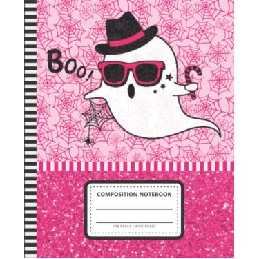 Imagem de Pink Halloween Composition Notebook Wide Ruled: 7.5 x 9.25 Blank Paper / 108 Pages/Stationery Gift for Note Taking - Writing - Doodles/Fun Holiday ... Ghost on Faux Glitter Decor Art Theme Cover