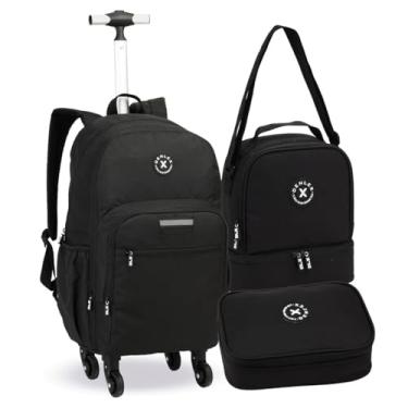 Imagem de Kit Mochila Masculina Escolar Juvenil com 4 Rodinhas 360, Lancheira Térmica Adolescente e Mega Estojo, 3 Peças, Preto