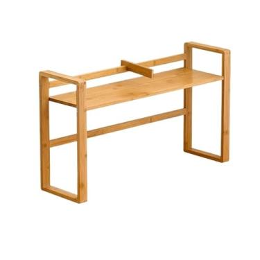 Imagem de Suporte para livros Prateleira organizadora de mesa de bambu, com suportes para livros Rack de armazenamento de mesa de escritório multiuso, estante de mesa de computador pequena, para escritório domé