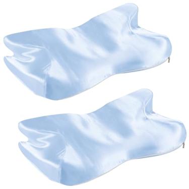 Imagem de Eychei 2 peças de fronha de cetim para travesseiro cervical, azul bebê, seda, cervical, fronha, contorno, fronha, com zíper, macia ergonômica para capa de travesseiro de pescoço